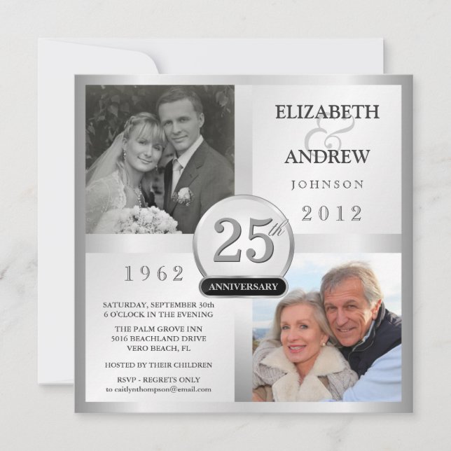 Invitations d'argent du 25e anniversaire avec 2 ph (Devant)