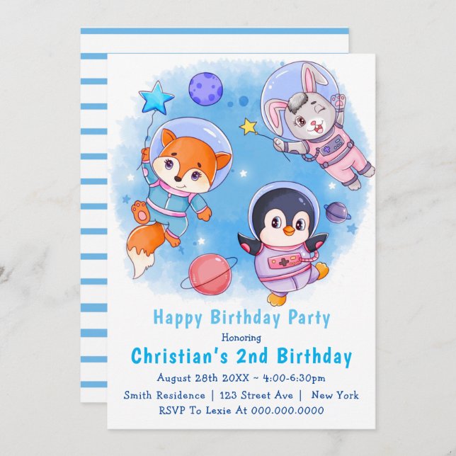 Invitations d'astronautes Animaux 2e anniversaire (Devant / Derrière)