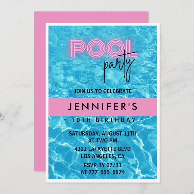 Invitations de 10e anniversaire Pool Party été (Devant / Derrière)