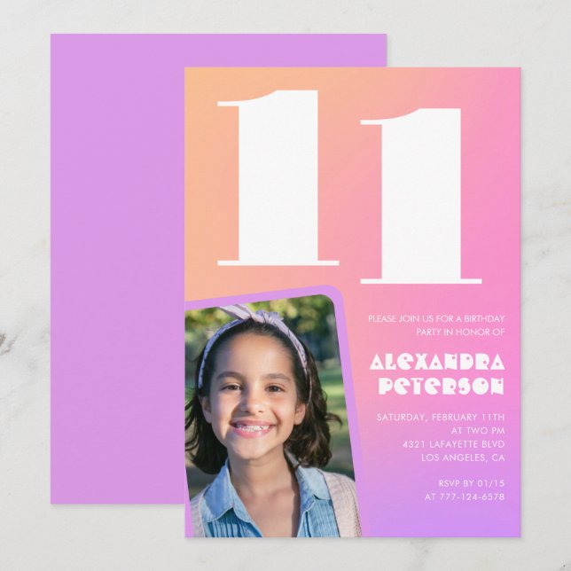 Invitations de 11e anniversaire de Pink Orange Ret (Devant / Derrière)