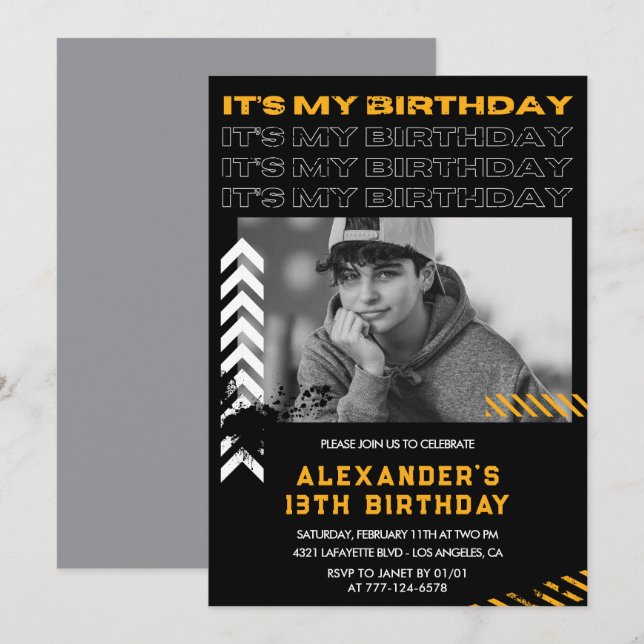 Invitations de 13e anniversaire garçon Photo Spray (Devant / Derrière)