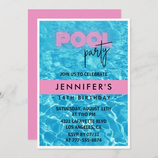Invitations de 14e anniversaire Pool Party été (Devant / Derrière)