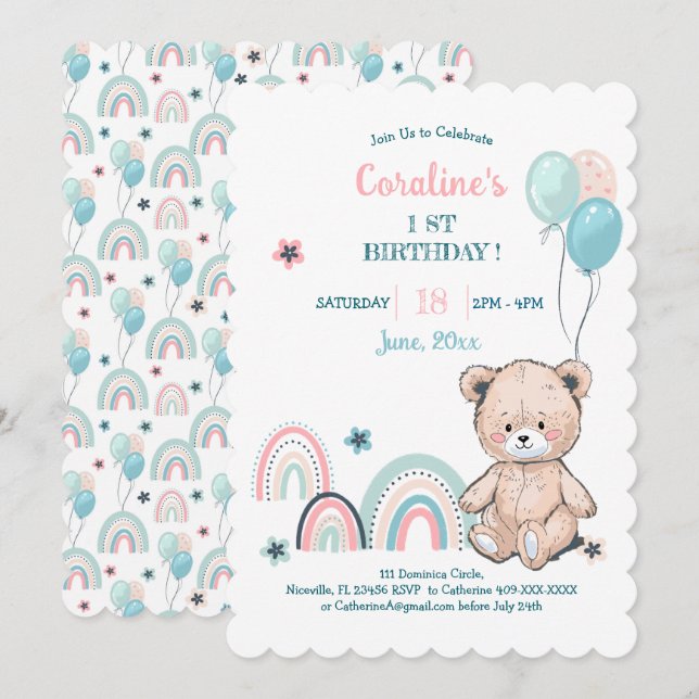Invitations de 1er anniversaire avec un ours en pe (Devant / Derrière)