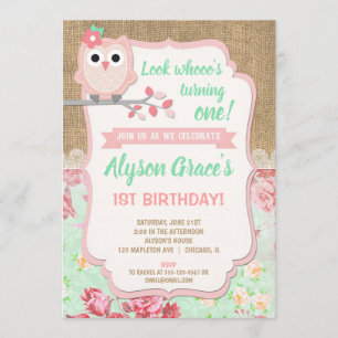 Invitations de 1er anniversaire de hibou, annivers