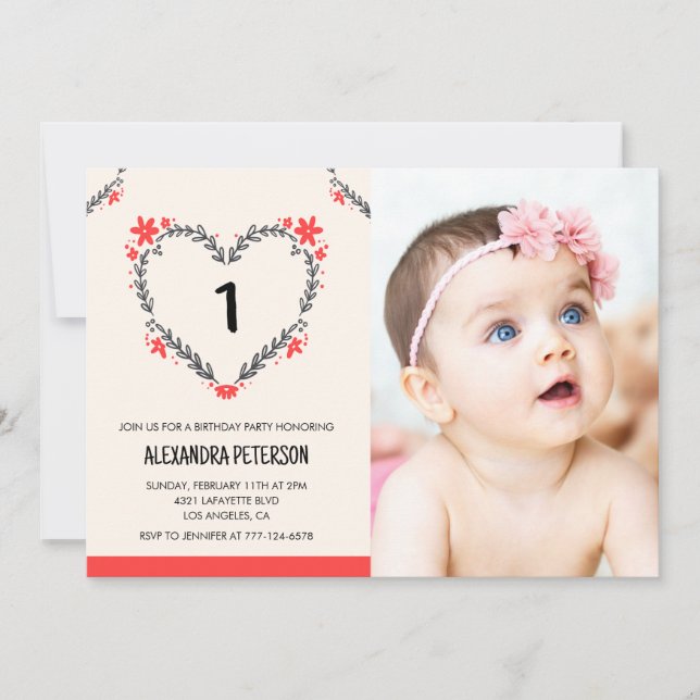 Invitations de 1er anniversaire pour son coeur flo (Devant)