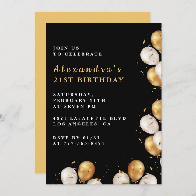 Invitations de 21e anniversaire Ballons Glam Black (Devant / Derrière)