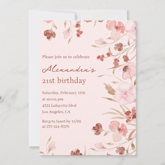 Invitations de 21e anniversaire Boho Floral Chic (Devant)