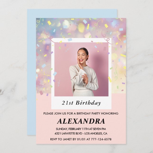 Invitations de 21e anniversaire Confetti Photo Pin (Devant / Derrière)