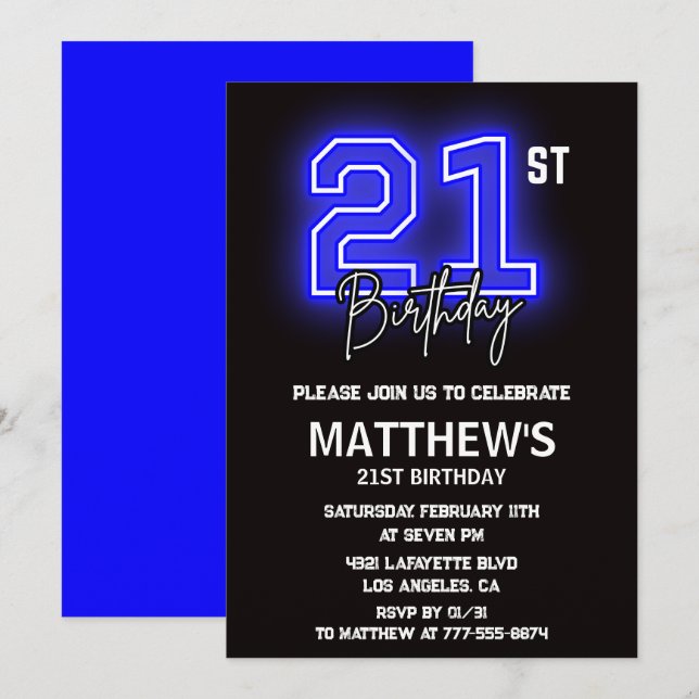 Invitations de 21e anniversaire Men Sport Neon (Devant / Derrière)