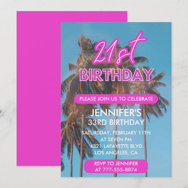 Invitations de 21e anniversaire Pink Tropical (Devant / Derrière)