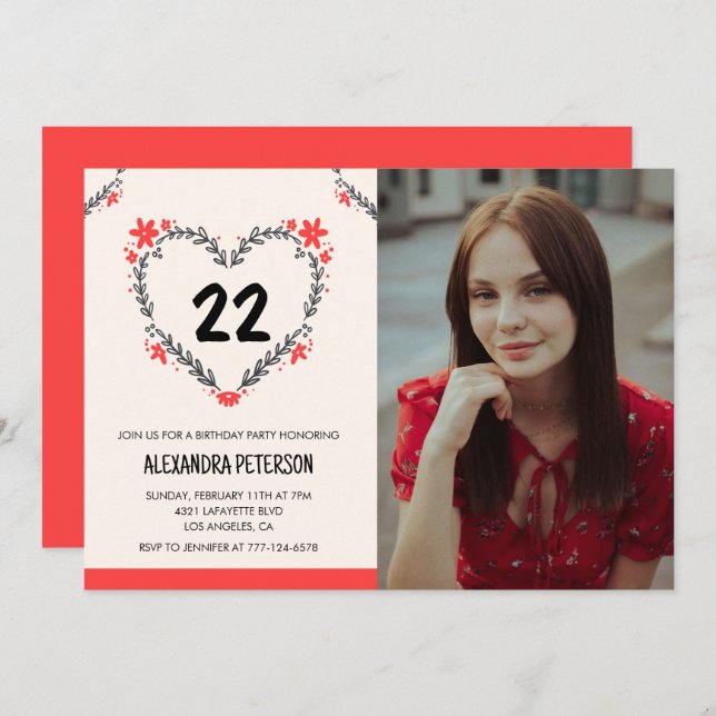 Invitations de 22e anniversaire pour son coeur flo (Devant / Derrière)
