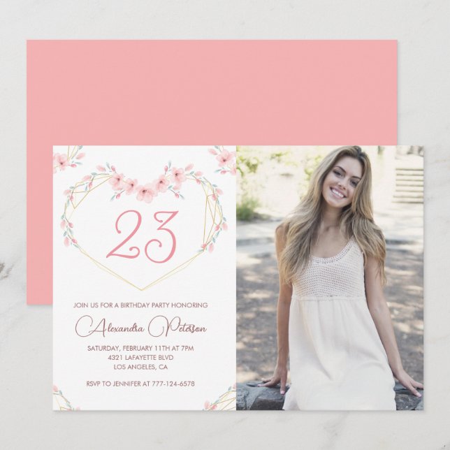 Invitations de 23e anniversaire Boho Floral Photo (Devant / Derrière)