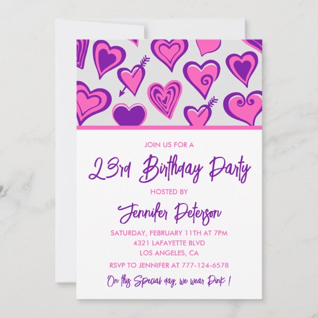 Invitations de 23e anniversaire Glam Pink Heart (Devant)