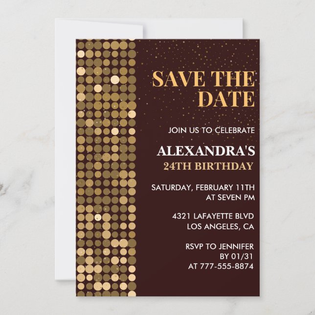 Invitations de 24e anniversaire Chic Gold Enregist (Devant)