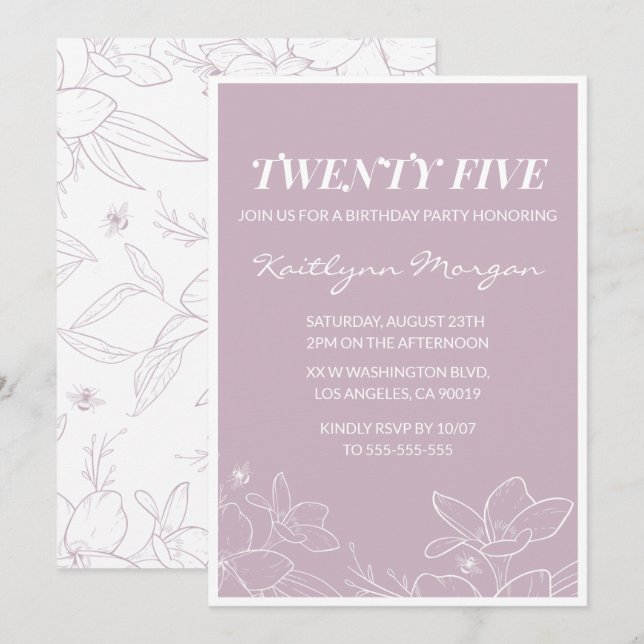 Invitations de 25e anniversaire Elégant Floral mod (Devant / Derrière)