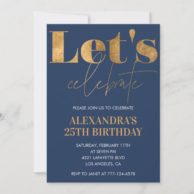 Invitations de 25e anniversaire Gold Navy Elegant (Devant)