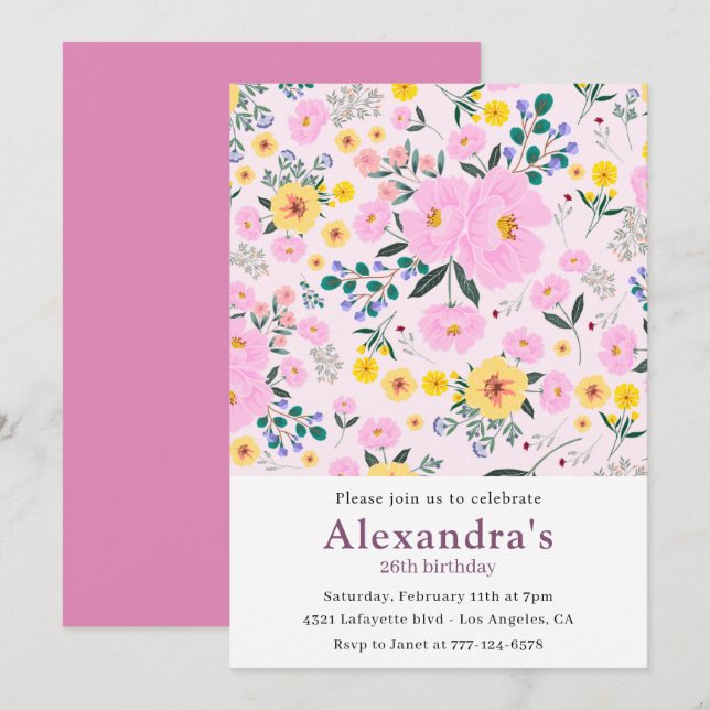 Invitations de 26e anniversaire Boho Floral Pink (Devant / Derrière)