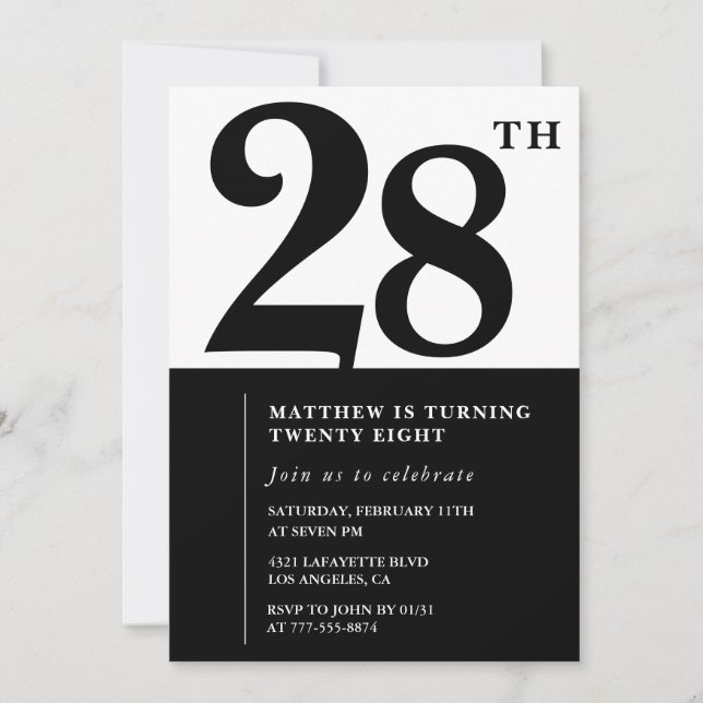 Invitations de 28e anniversaire Black and White El (Devant)