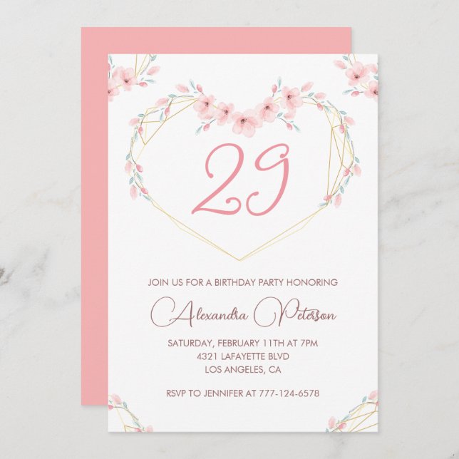 Invitations de 29e anniversaire Boho Floral Pink (Devant / Derrière)
