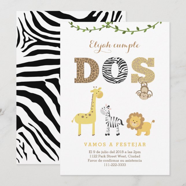 invitations de 2e anniversaire en espagnol, Safari (Devant / Derrière)