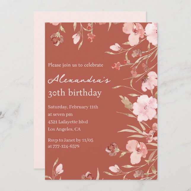 Invitations de 30e anniversaire Boho Floral Chic (Devant / Derrière)