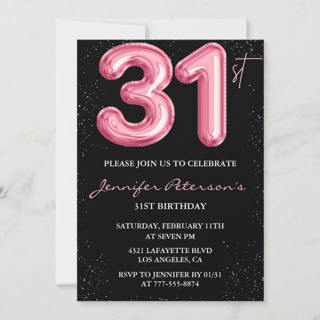 Invitations de 31e anniversaire Pink Balloon Glam  (Devant)