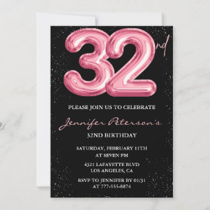 Invitations de 32e anniversaire Pink Balloon Glam 