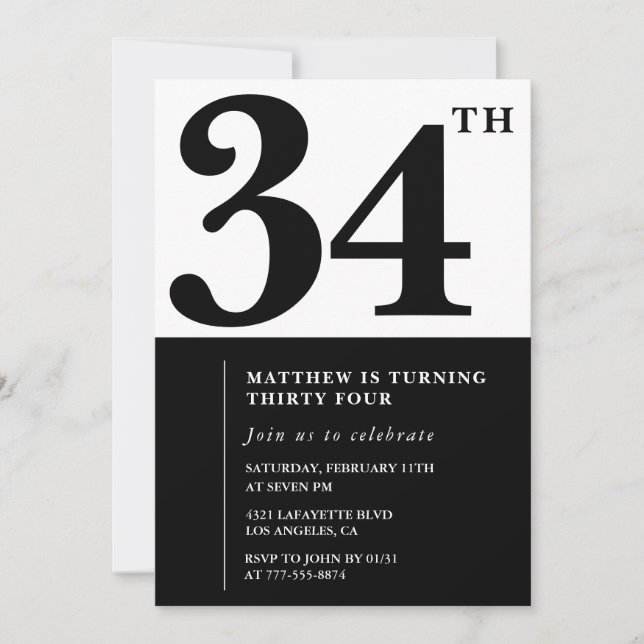 Invitations de 34e anniversaire Black and White El (Devant)