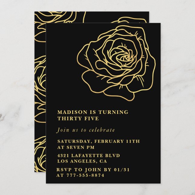 Invitations de 35e anniversaire Black Gold Flowers (Devant / Derrière)