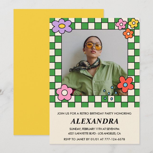 Invitations de 35e anniversaire Fleurs Super rétro (Devant / Derrière)