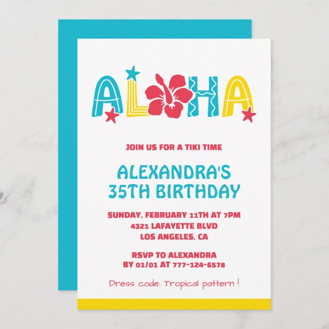Invitations de 35e anniversaire Tropical Aloha Haw (Devant / Derrière)