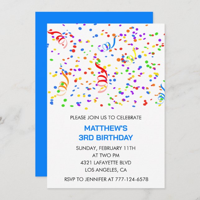 Invitations de 3e anniversaire Confetti Rainbow Bo (Devant / Derrière)