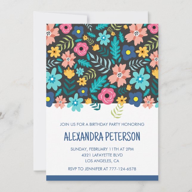 Invitations de 3e anniversaire Floral Pattern Blue (Devant)