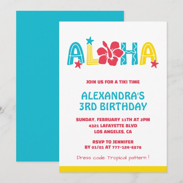 Invitations de 3e anniversaire Tropical Aloha Hawa (Devant / Derrière)
