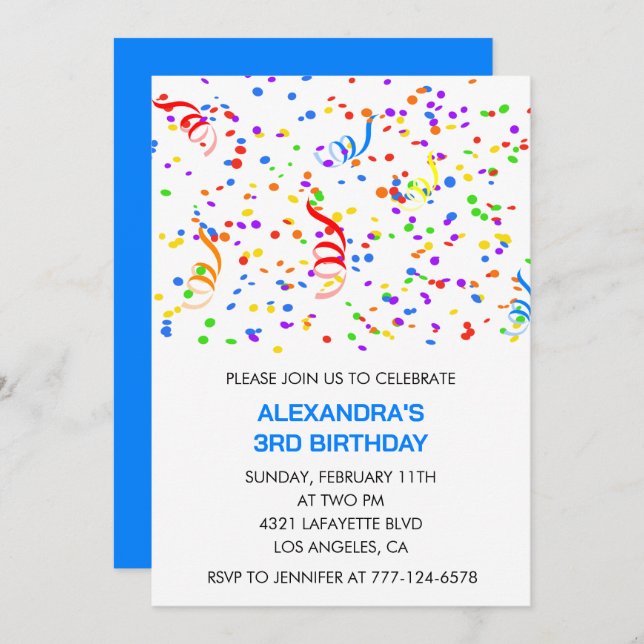 Invitations de 3ème anniversaire Confetti Rainbow (Devant / Derrière)