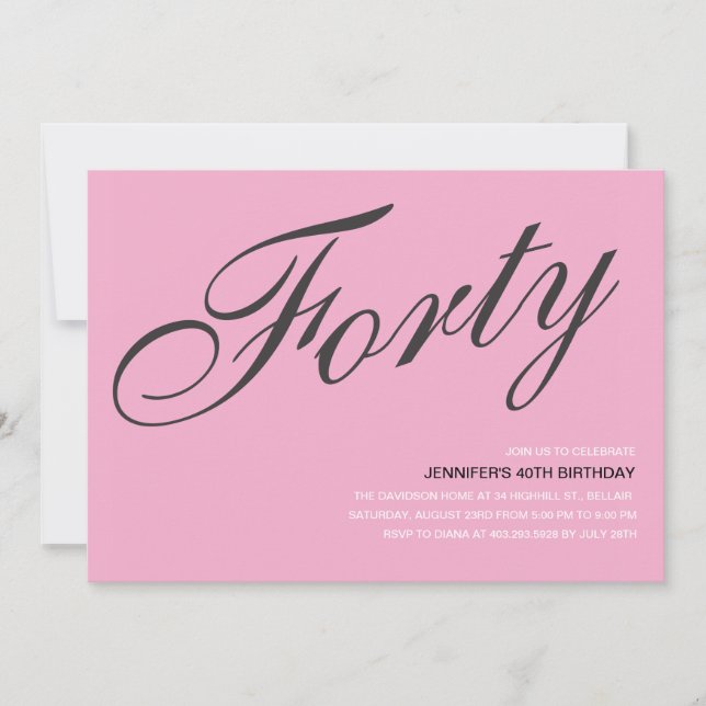 Invitations de 40e anniversaire en noir et rose (Devant)
