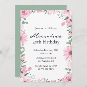 Invitations de 40e anniversaire Floral Frame Pink 