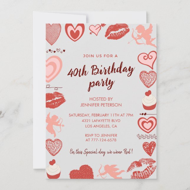 Invitations de 40e anniversaire Grey Red Hearts (Devant)