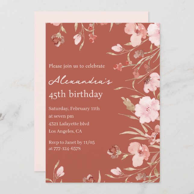 Invitations de 45e anniversaire Boho Floral Chic (Devant / Derrière)