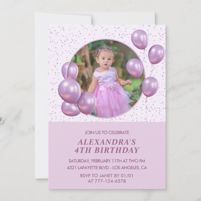 Invitations de 4e anniversaire Ballons Photo Purpl (Devant)