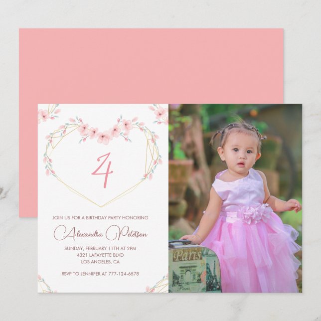 Invitations de 4e anniversaire Boho Floral Photo (Devant / Derrière)