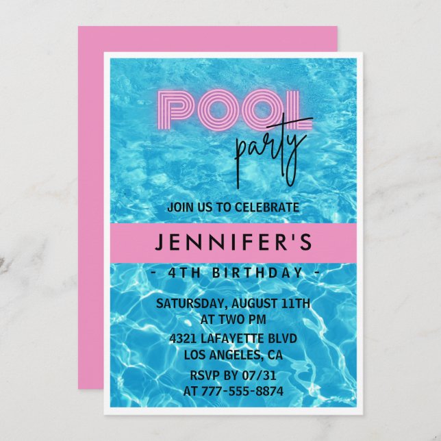 Invitations de 4e anniversaire Pool Party été (Devant / Derrière)
