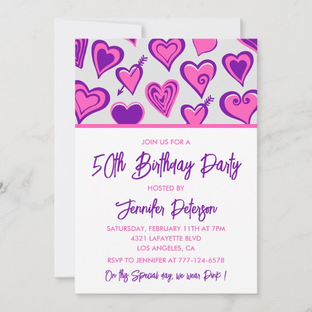 Invitations de 50e anniversaire rose Glam Heart (Devant)