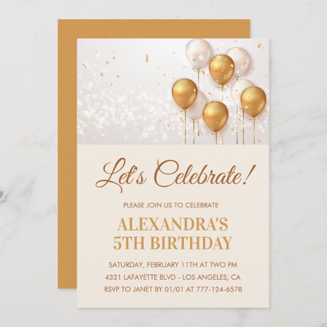 Invitations de 5e anniversaire Balloons Gold (Devant / Derrière)