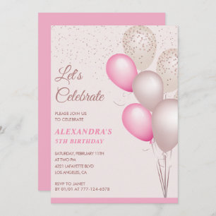 Invitations de 5e anniversaire Balloons Pink Confe