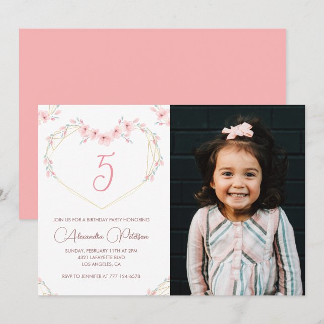 Invitations de 5e anniversaire Boho Floral Photo (Devant / Derrière)