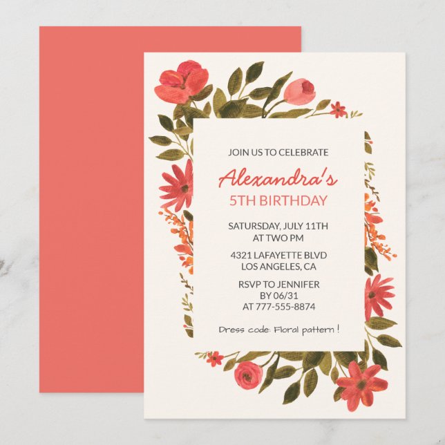 Invitations de 5e anniversaire Floral Boho Elegant (Devant / Derrière)
