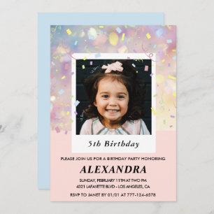 Invitations de 5e anniversaire rose Confetti Photo