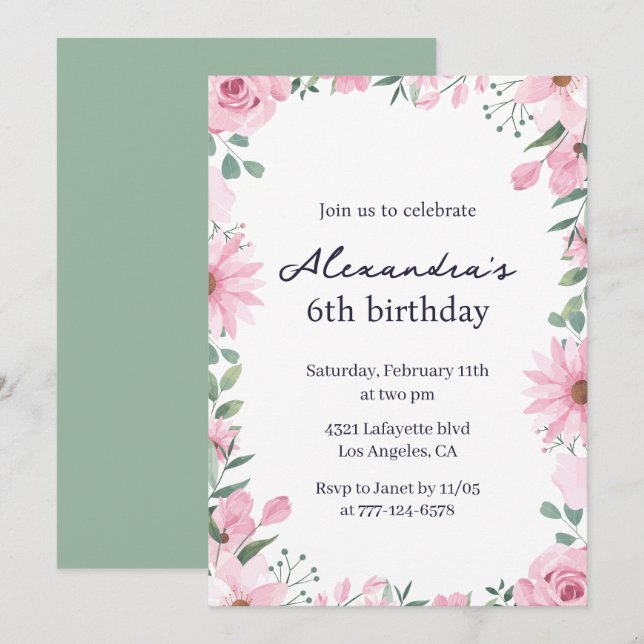 Invitations de 6e anniversaire Floral Frame Pink G (Devant / Derrière)