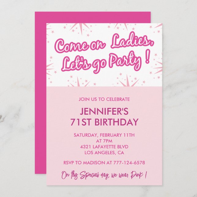 Invitations de 71e anniversaire rose Fun Fun Girly (Devant / Derrière)